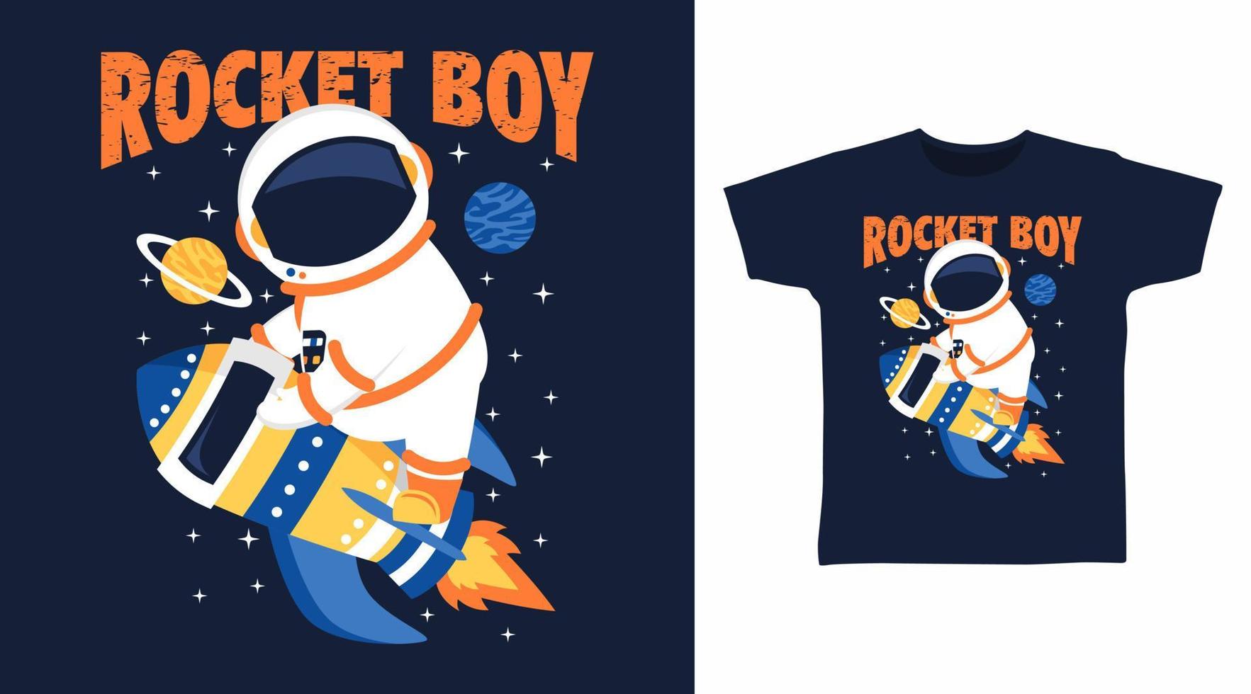 astronauta con diseño de arte de camiseta de dibujos animados de cohete vector