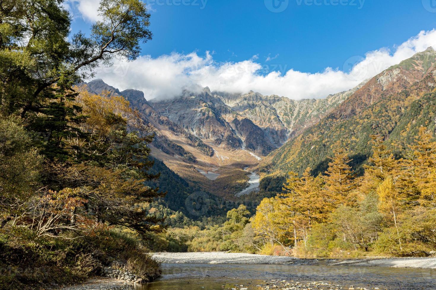 Beautiful background of the center of Kamikochi national park by snow mountains, rocks, and Azusa rivers from hills covered with leaf change color during the Fall Foliage season. photo