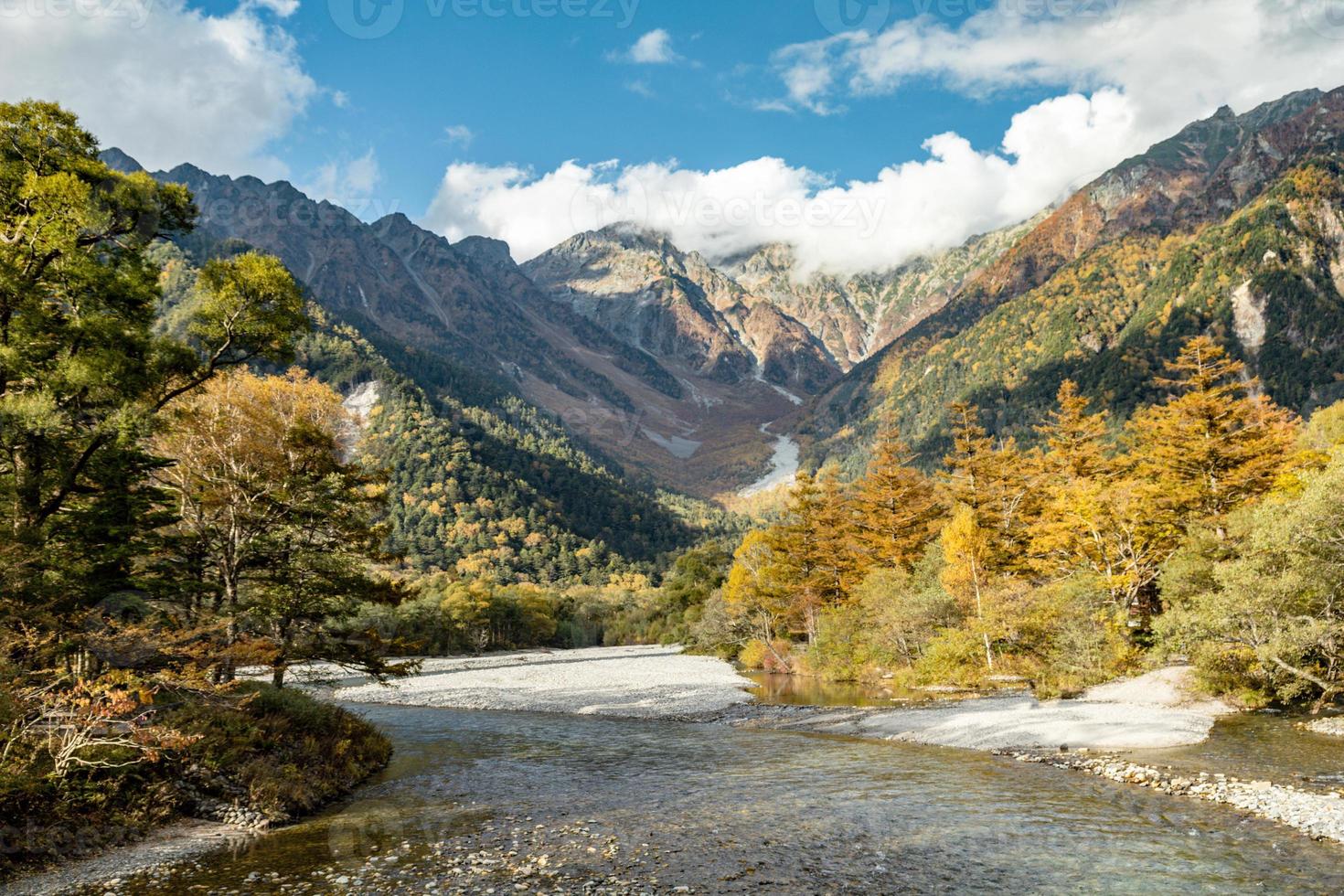 Beautiful background of the center of Kamikochi national park by snow mountains, rocks, and Azusa rivers from hills covered with leaf change color during the Fall Foliage season. photo