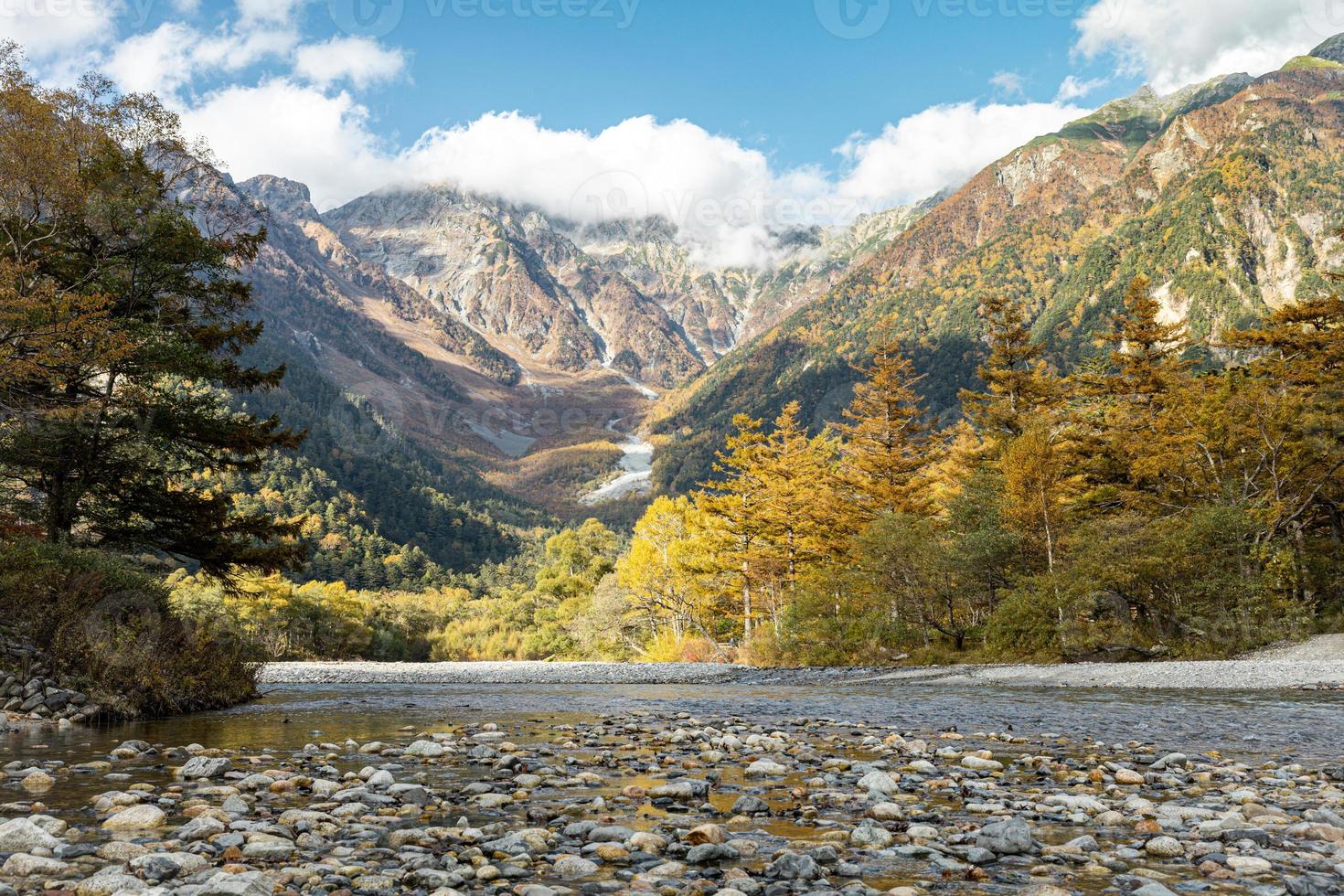 Beautiful background of the center of Kamikochi national park by snow mountains, rocks, and Azusa rivers from hills covered with leaf change color during the Fall Foliage season. photo