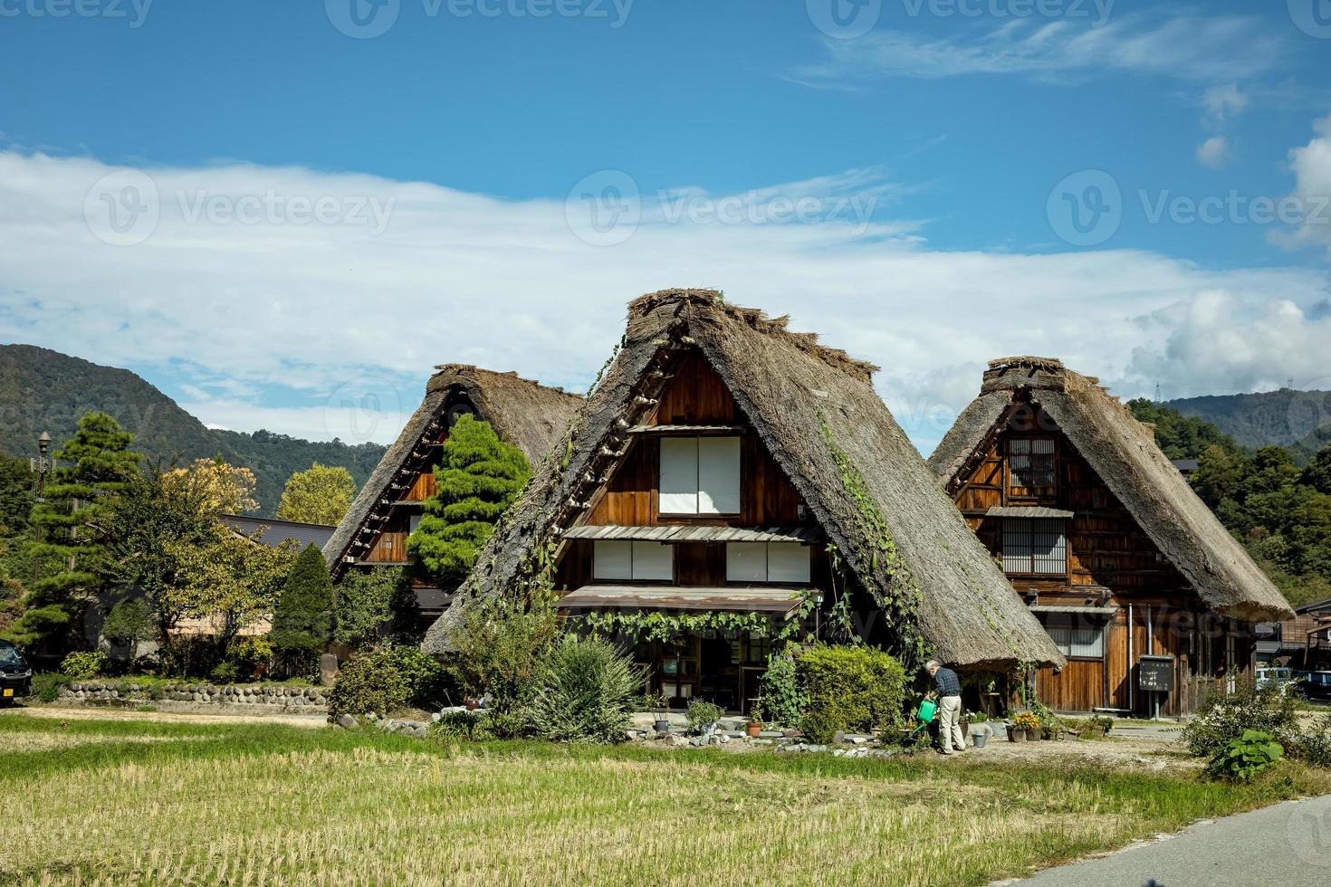 Japanese Shirakawago village during October in autumn fall foliage season. Shirakawa traditional house on triangle roof with a background of rice field, pine mountain and clear cloud sky after. photo