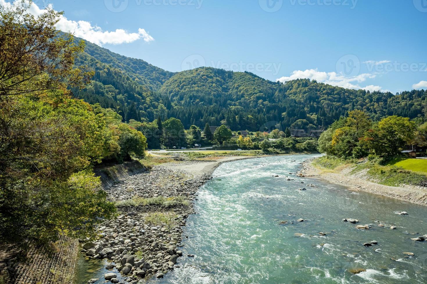Shokawa River during fall foliage in autumn at Shirakawago from the bridge. photo