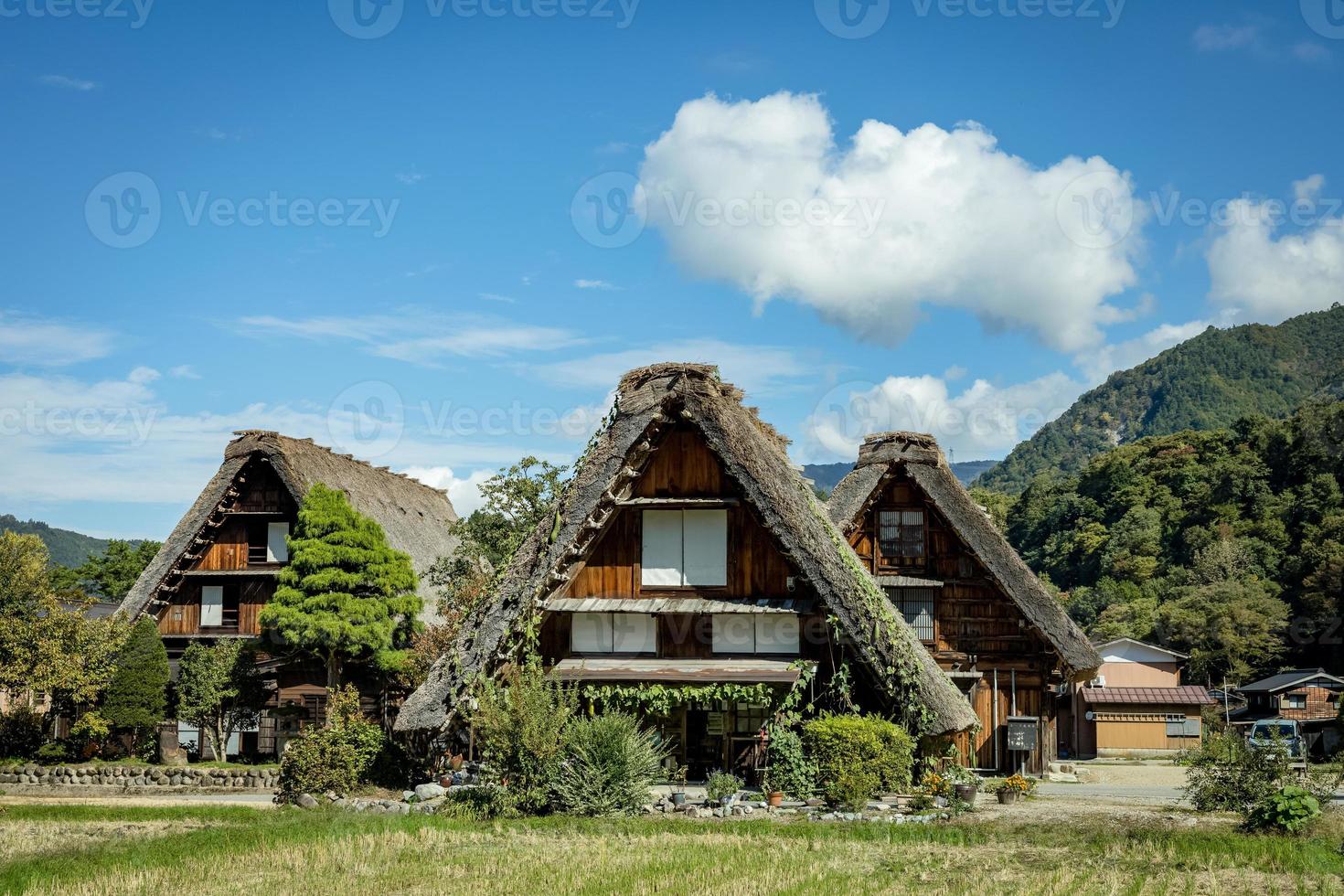 Shirakawa Traditional and Historical Japanese village Shirakawago in autumn. House build by wooden with roof gassho zukuri style. Shirakawa-go is Unesco world heritage and top landmark spot in Japan. photo