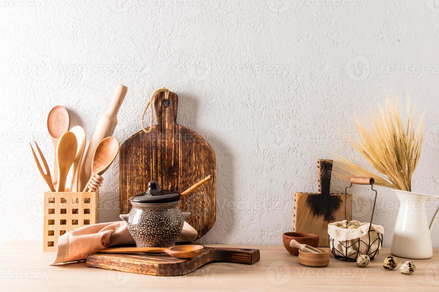 front view of the wooden countertop of a modern country house, cottage. environmentally friendly kitchen utensils, without plastic. photo