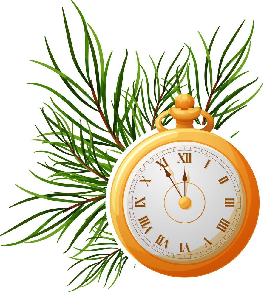 reloj dorado de año nuevo de dibujos animados con rama de pino sobre fondo transparente vector