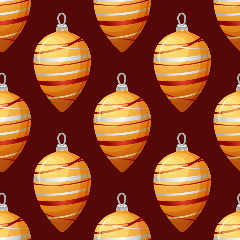 Christmas pattern with golden Christmas tree toy in cartoon style on dark red background vector