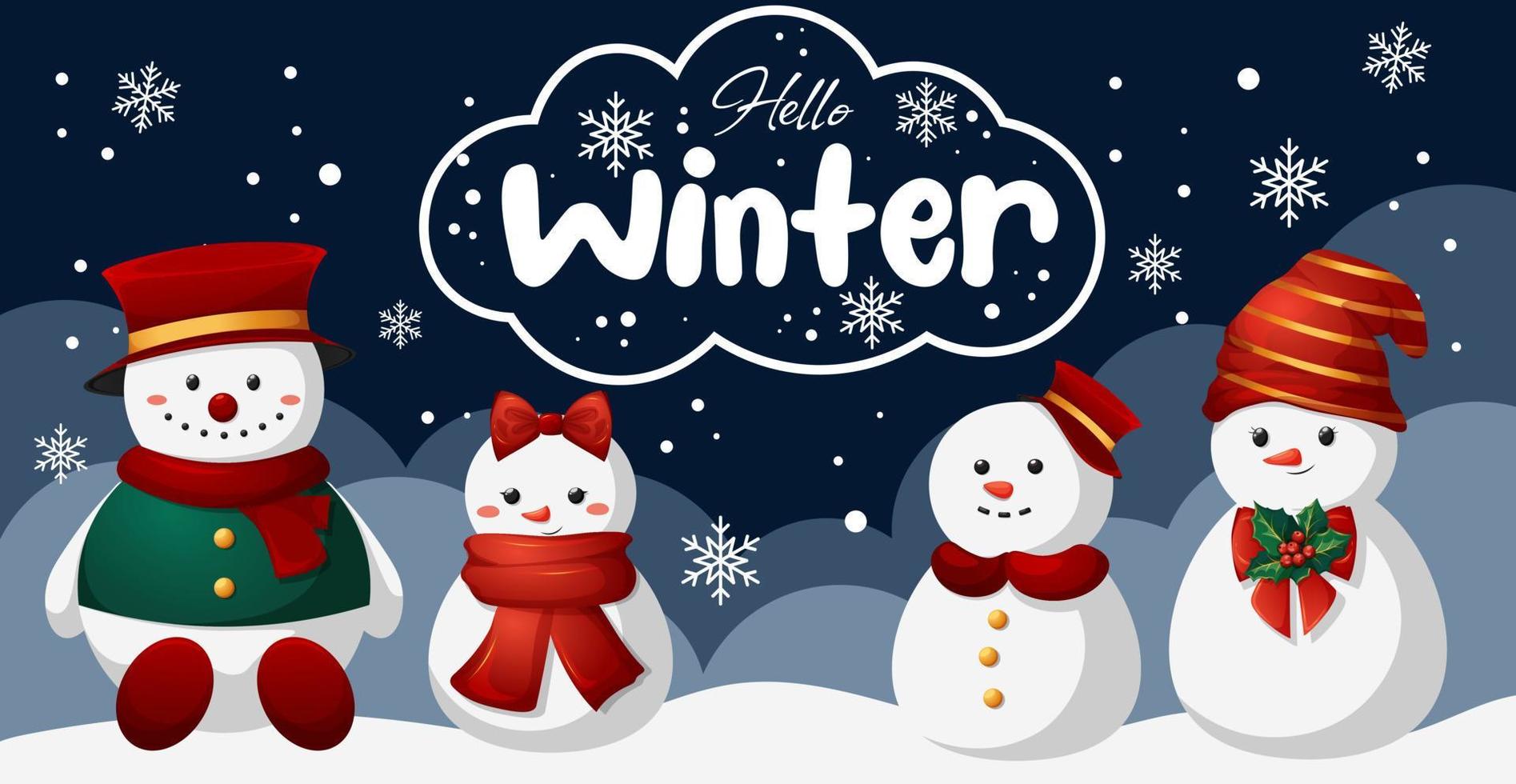 Cartoon winter background with snowmen, snowdrifts, snow and lettering Hello winter vector