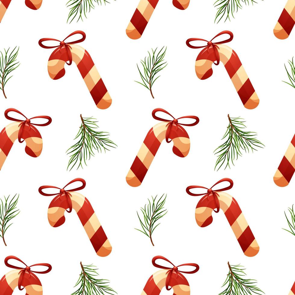 Christmas pattern with caramel cane and fir branches in cartoon style on white background vector