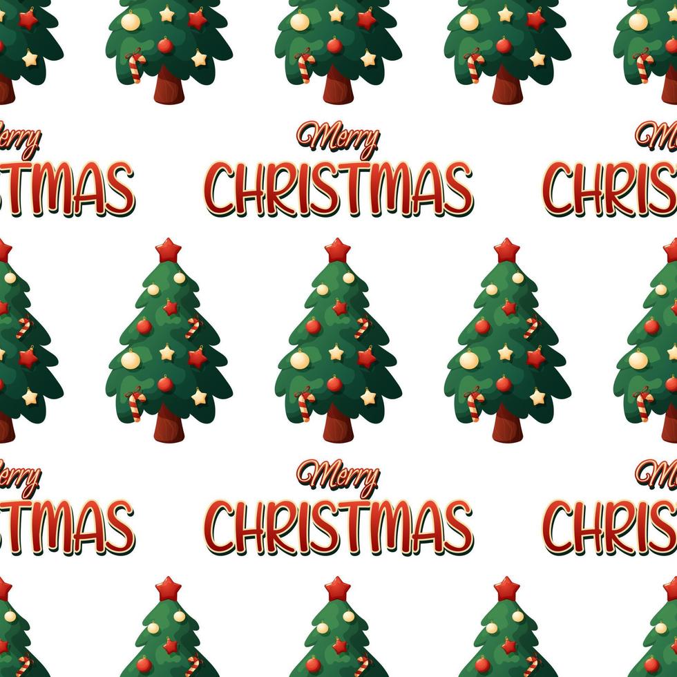 patrón de navidad con árbol de navidad de dibujos animados e inscripción feliz navidad sobre fondo blanco vector