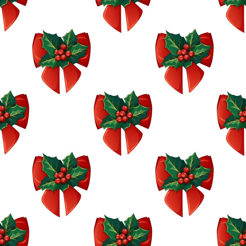 Cartoon-style Christmas pattern with holly and red bow on white background vector