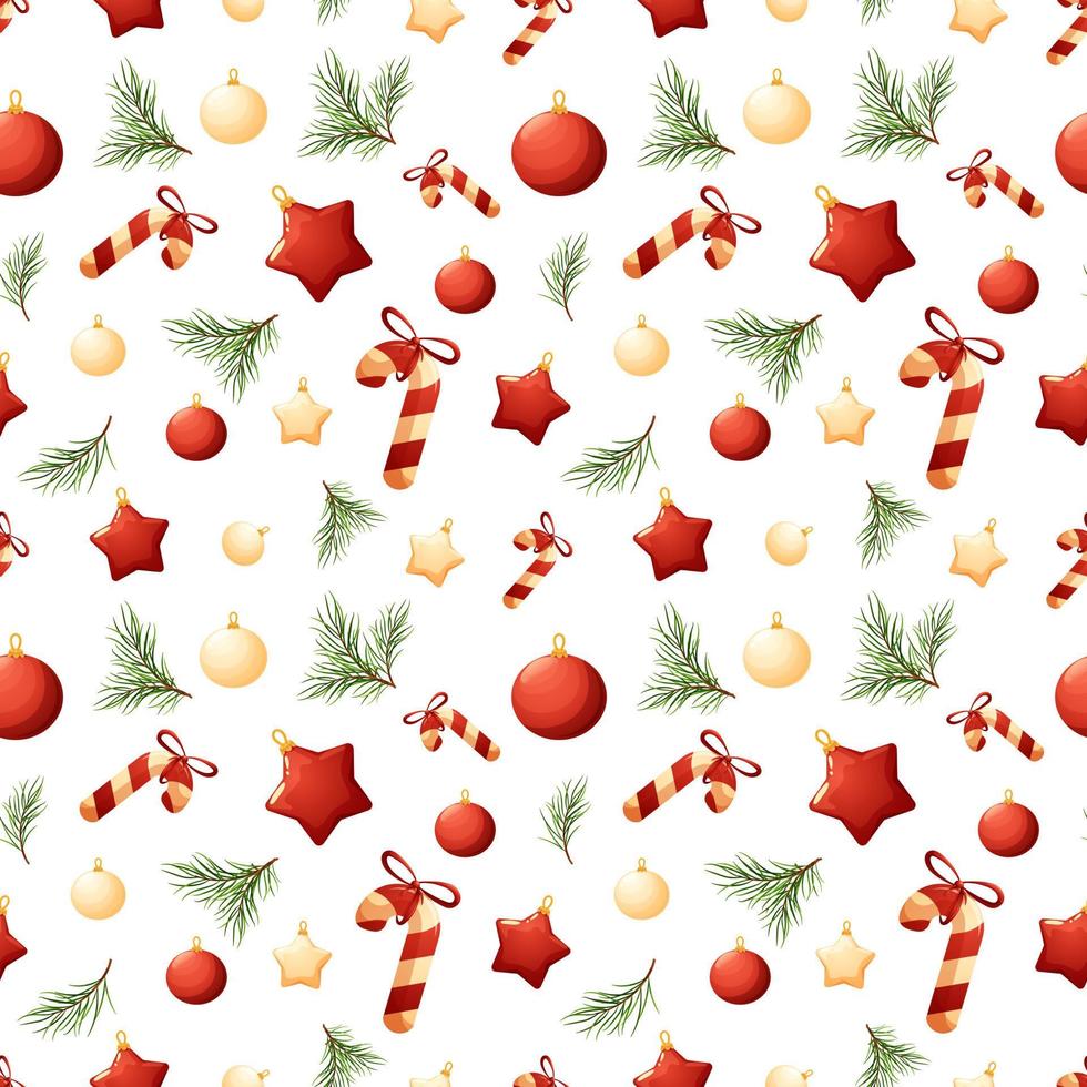 Christmas pattern with lollipops, white and red Christmas tree toys on white background vector