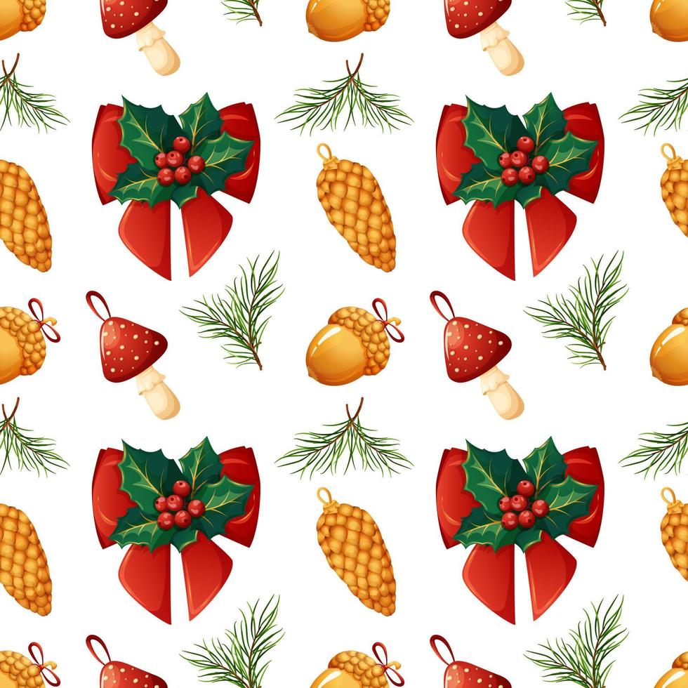 Christmas pattern with holly, golden acorn, pine cone, fly agaric in cartoon style on white background vector