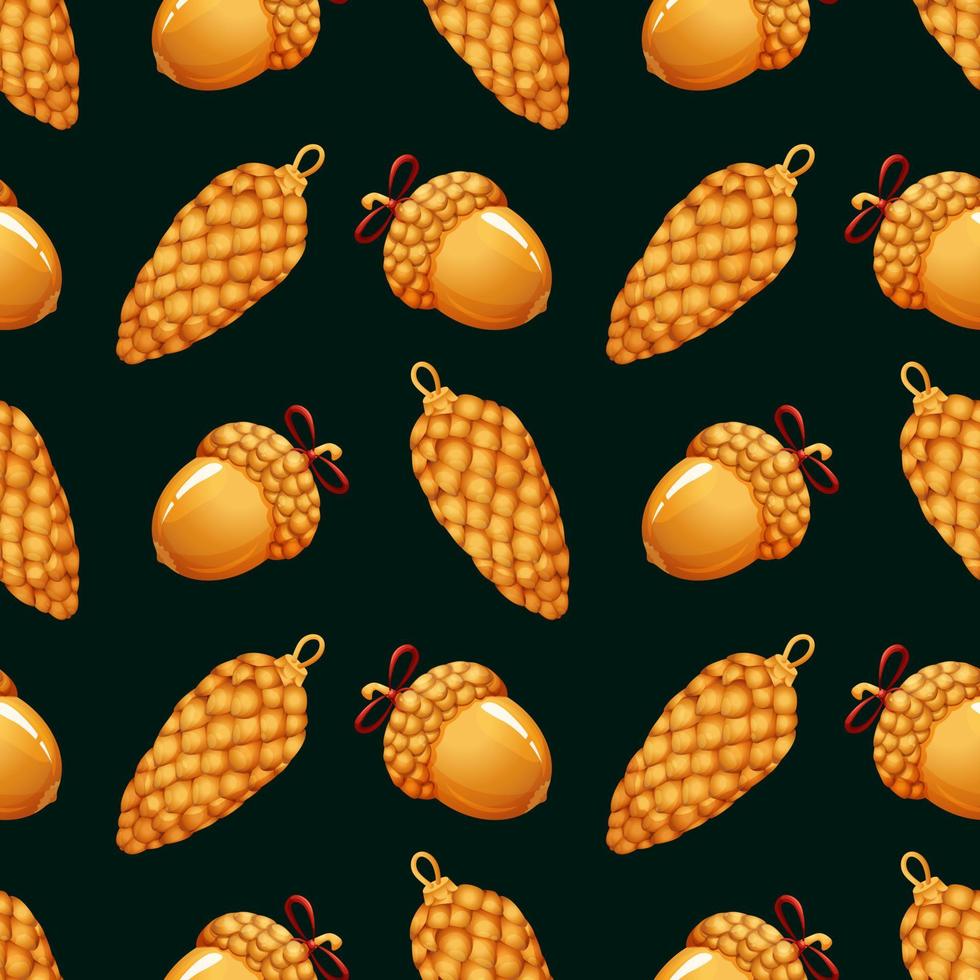 Christmas pattern with golden pinecone and acorn in cartoon style on dark green background vector