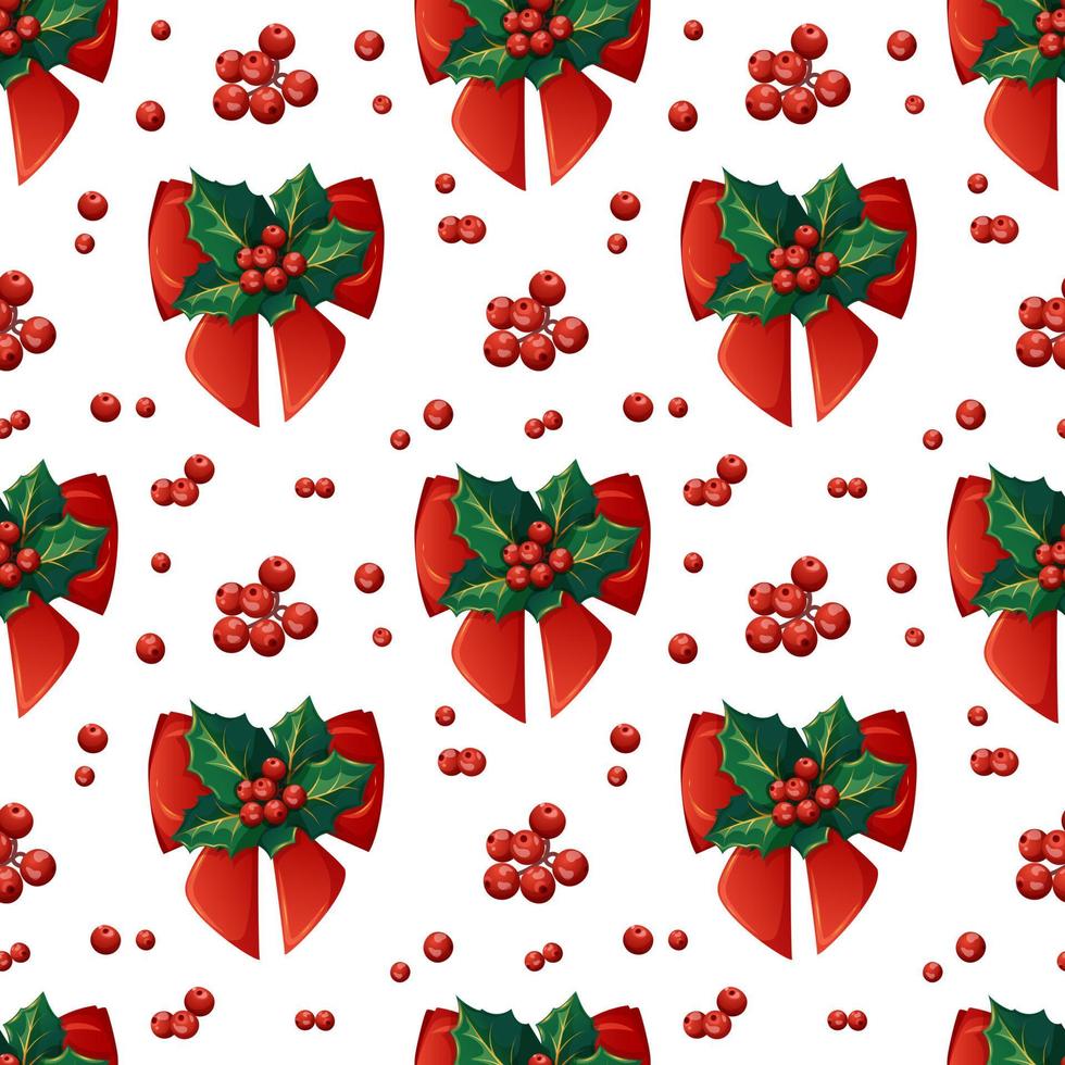 Cartoon-style Christmas pattern with holly, berries and a red bow on a white background vector