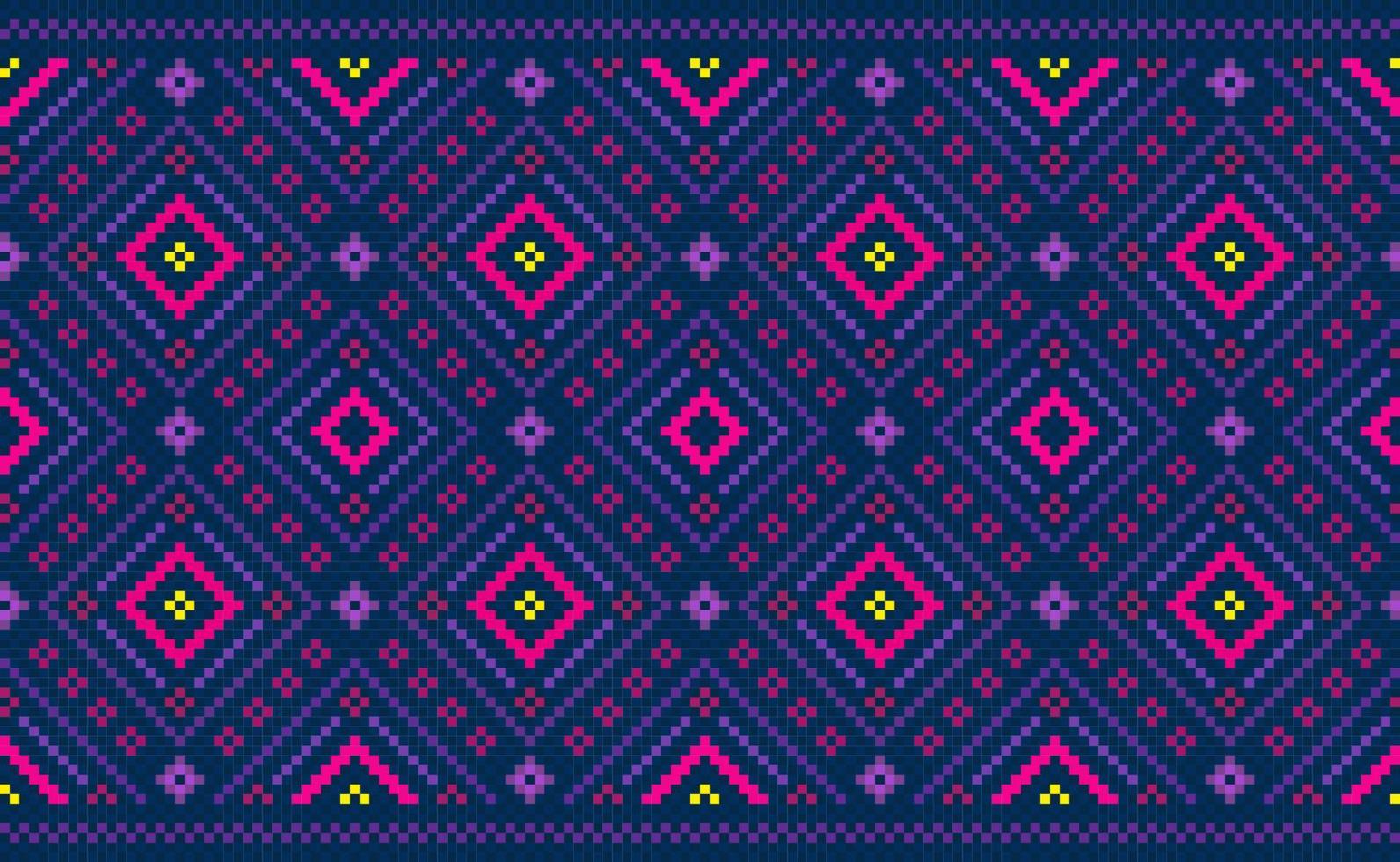 patrón étnico geométrico, fondo abstracto de bordado vectorial, estilo étnico clásico de píxeles, plantilla de patrón rosa y púrpura sin costuras, diseño para textiles, tela, ropa, envoltura, suéter vector