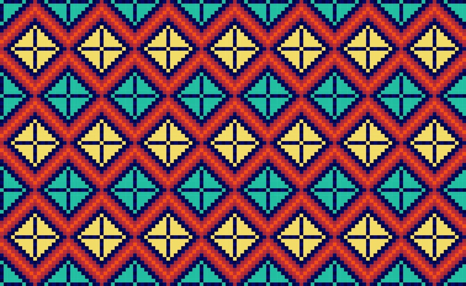 Pixel ethnic pattern, Vector embroidery ornament background, Geometric repetitive triangle style, Red and yellow pattern geometric continuous, Design for textile, fabric, art, tile, blankets