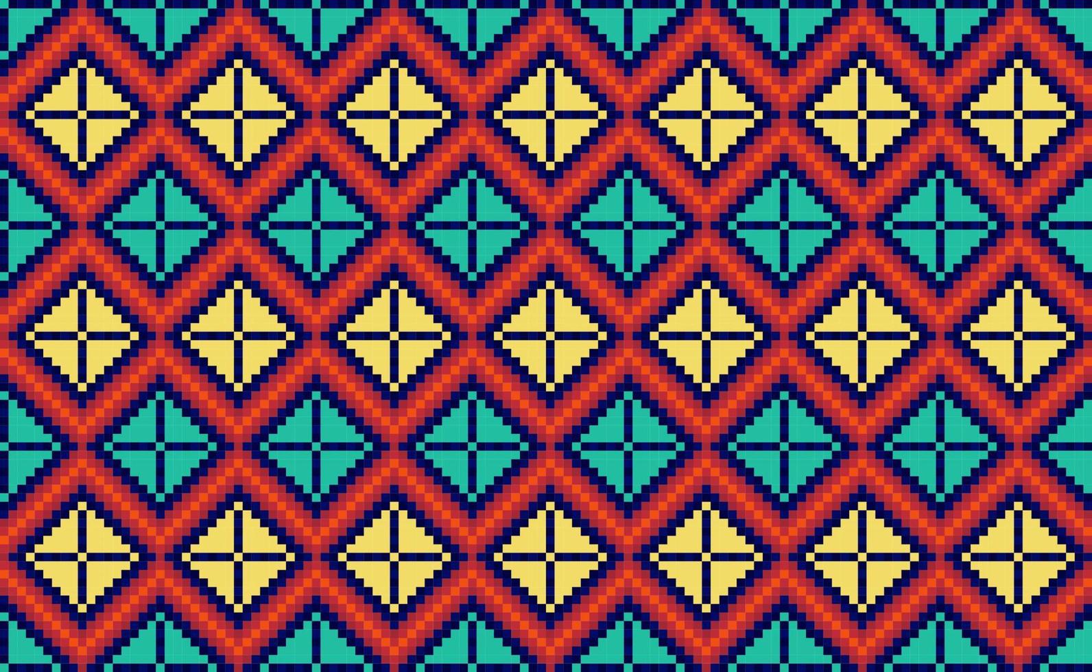 patrón étnico de píxeles, fondo de adorno de bordado vectorial, estilo triangular repetitivo geométrico, patrón geométrico continuo rojo y amarillo, diseño para textiles, telas, arte, baldosas, mantas vector