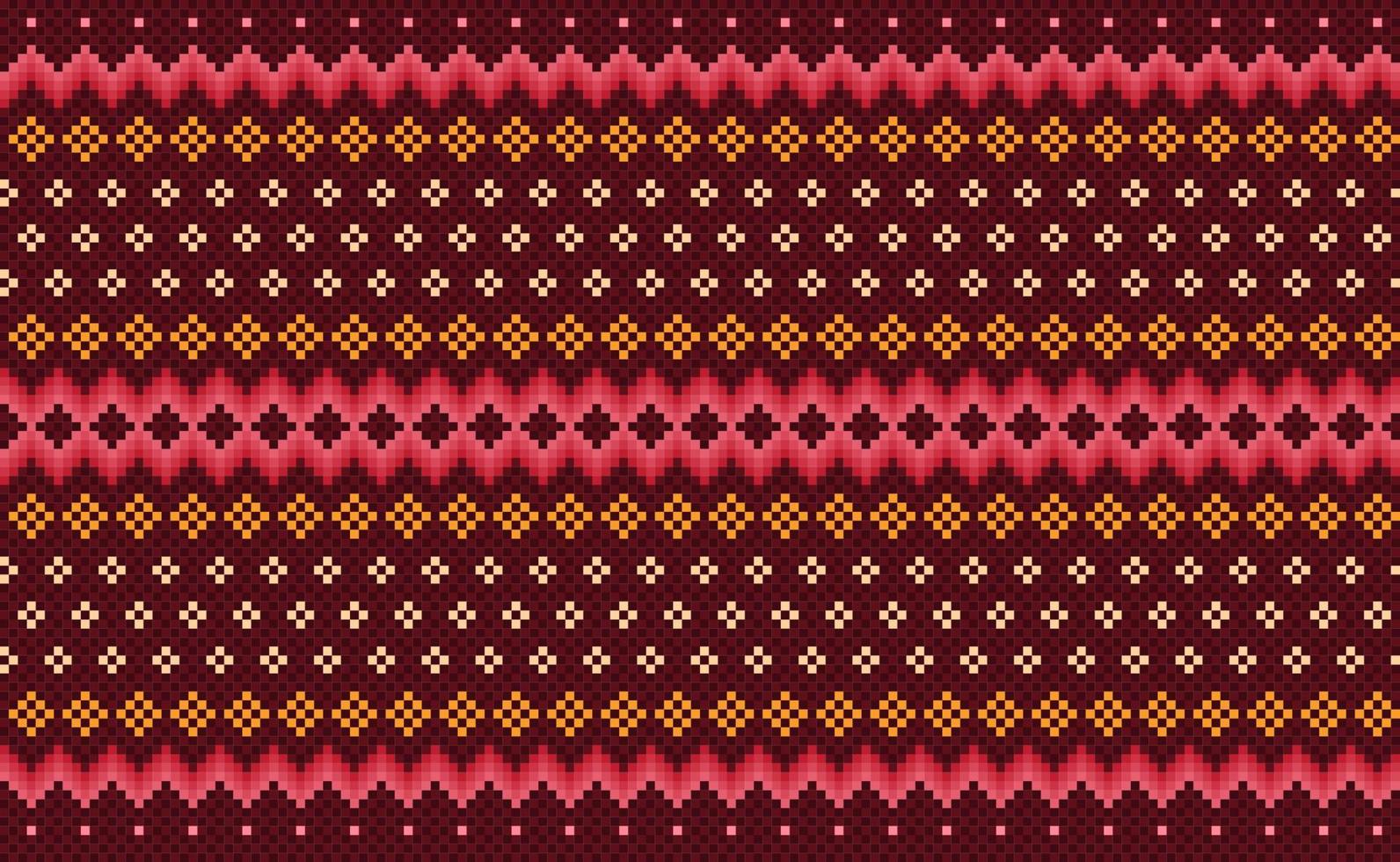 Pixel ethnic pattern, Vector embroidery ikat background, Geometric folk Boho style, Red and orange pattern Nordic repetitive, Design for textile, fabric, curtain, kaftan, tapestries