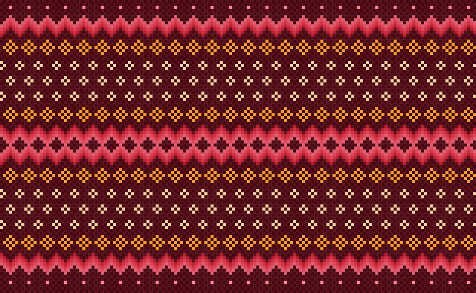 Pixel ethnic pattern, Vector embroidery ikat background, Geometric folk Boho style, Red and orange pattern Nordic repetitive, Design for textile, fabric, curtain, kaftan, tapestries