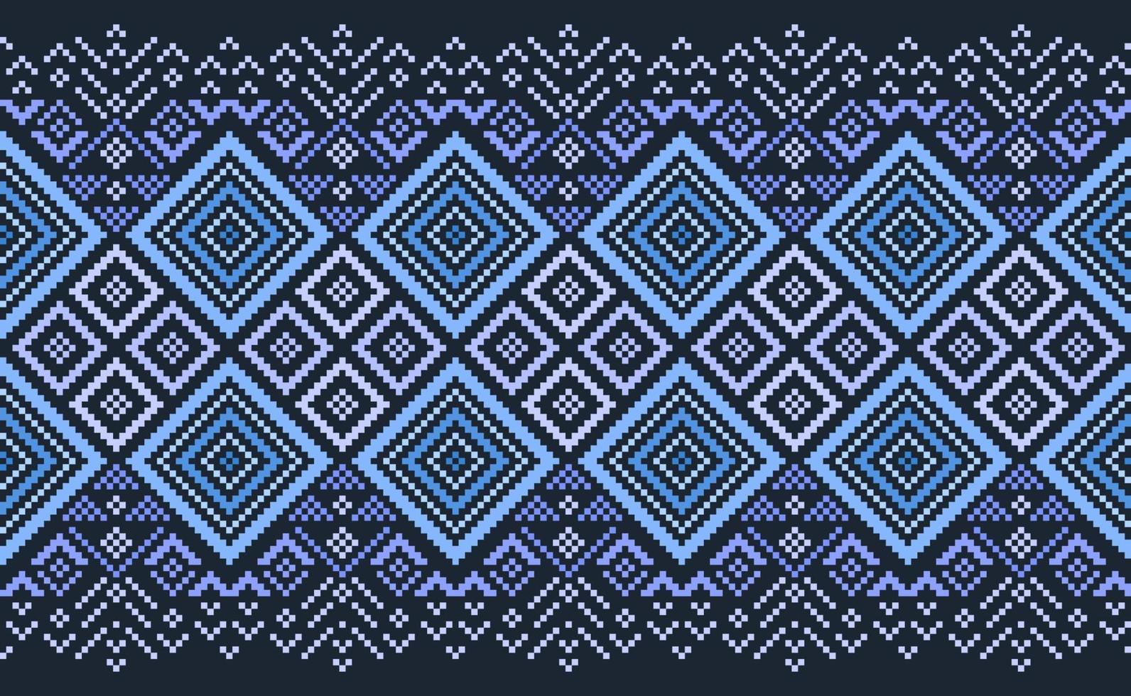 Geometric ethnic pattern, Vector embroidery ikat background, Pixel folk Boho style, Blue pattern Nordic repetitive, Design for textile, fabric, curtain, kaftan, tapestries