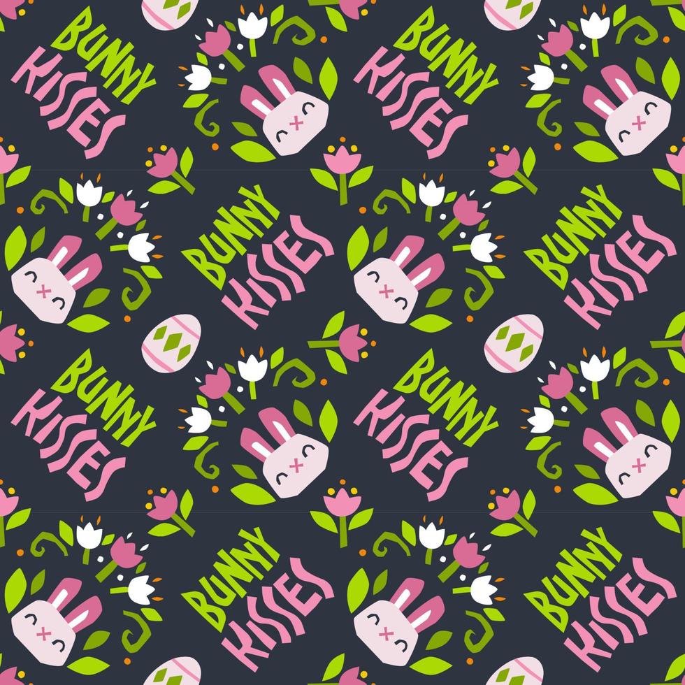 Bright colorful seamless pattern with cute rabbit, spring flowers, Easter eggs and hand drawn lettering phrase Bunny kisses. vector