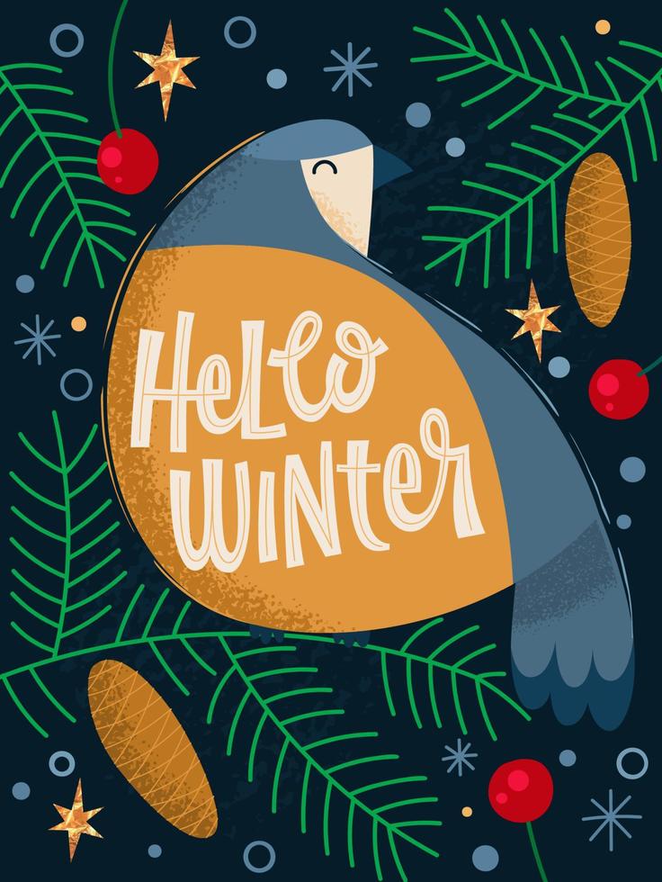 Trendy bright creative hand drawn lettering with titmouse bird on a pine branch, with snowflakes, berries, pine cones, Hello Winter. Festive vector typography design