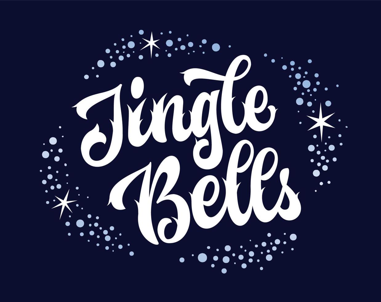 Elegant festive calligraphy lettering phrase, Jingle Bells, in a frame of sparkle snowflakes, stars. Isolated vector typography illustration for Christmas purposes.