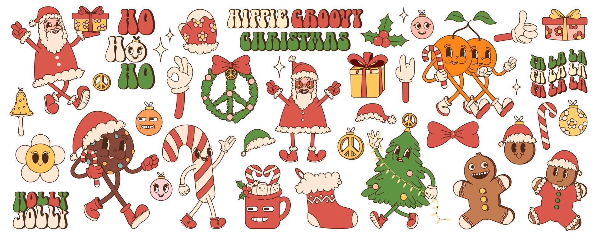 Big sticker pack of retro cartoon characters and elements. Merry Christmas and Happy New year in trendy groovy hippie style. vector