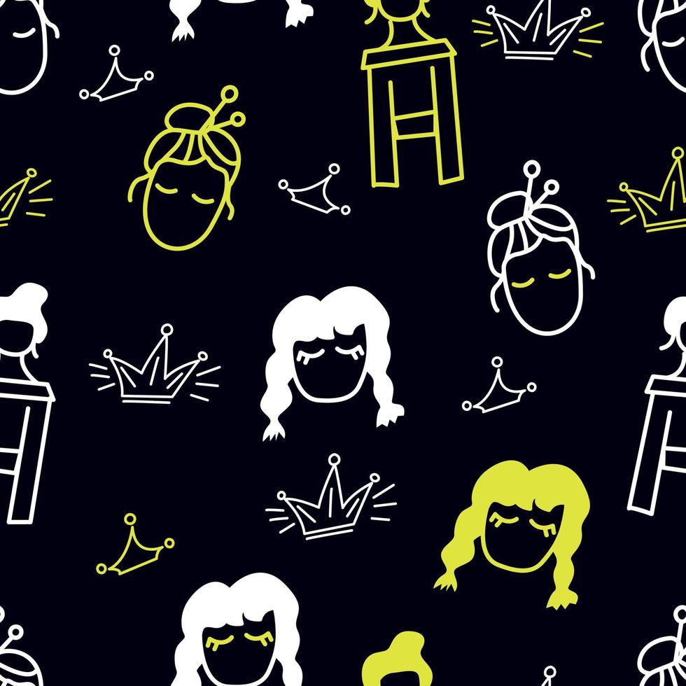 Girly background with girls and crowns. Princess seamless pattern in yellow and white colors on a black background. Trendy background in doodle style with girls heads. vector