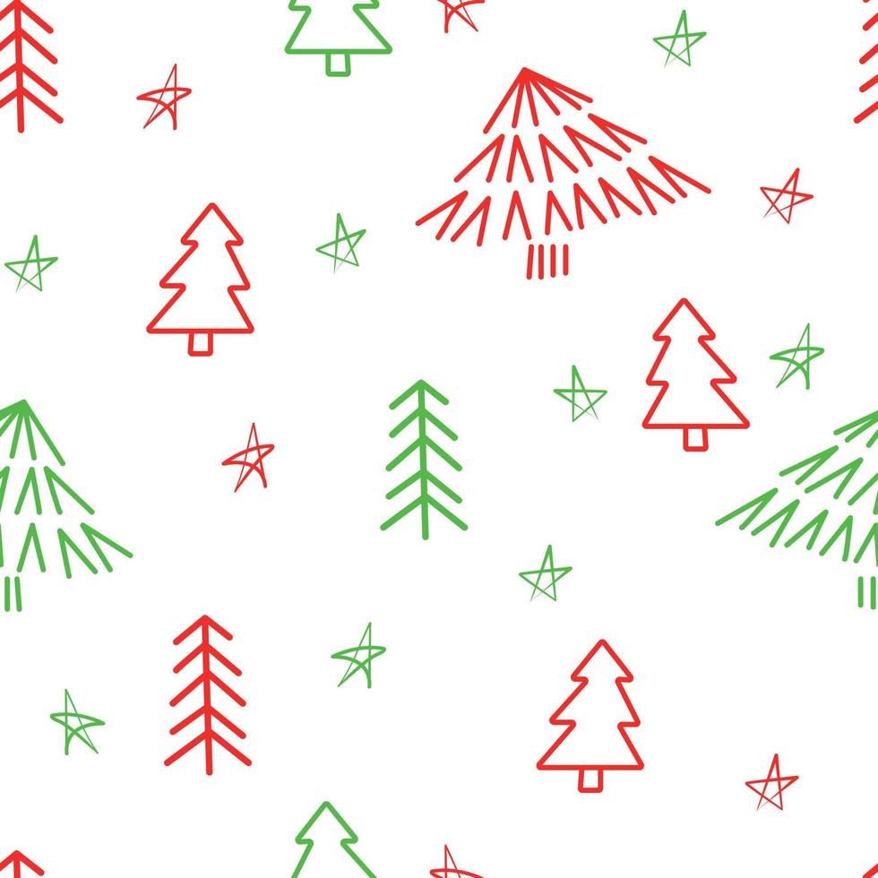 Christmas seamless pattern with Christmas tree and stars. Doodle Christmas background in green and red colors. Hand drawn New Year hygge forest pattern for wrapping paper, decor, textile, wrapping. vector