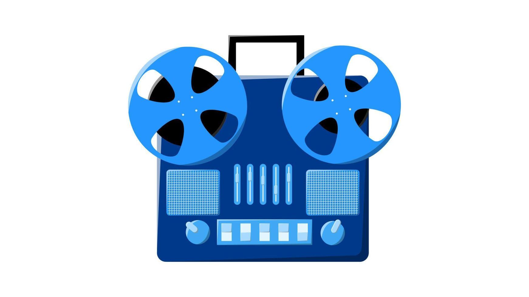 Old retro blue vintage music cassette tape recorder with magnetic tape on reels and speakers from the 70s, 80s, 90s. Beautiful icon. Vector illustration