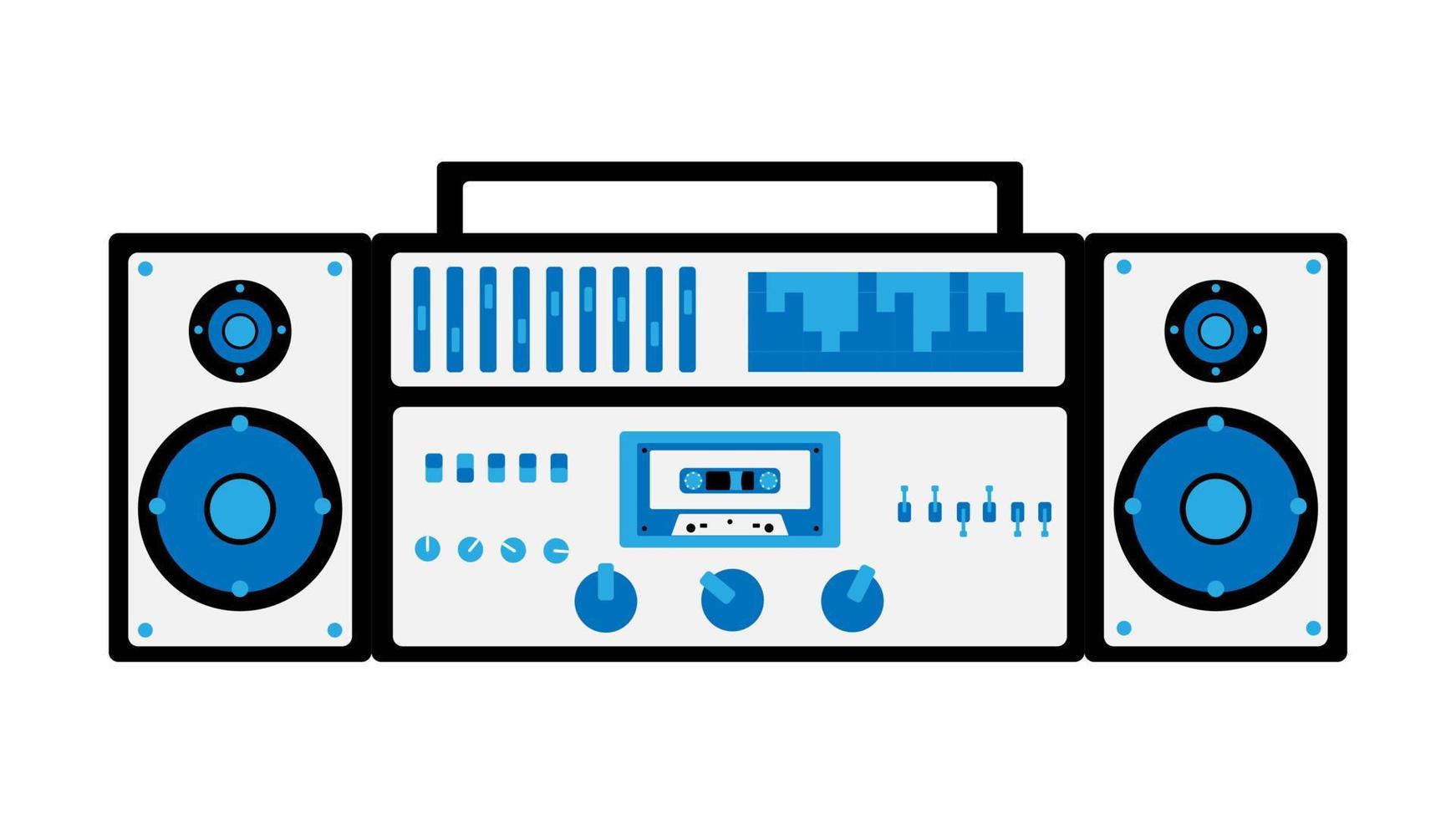 Old retro white vintage music cassette tape recorder with magnetic tape on reels and speakers from the 70s, 80s, 90s. Beautiful icon. Isolated on vhite background. Vector illustration