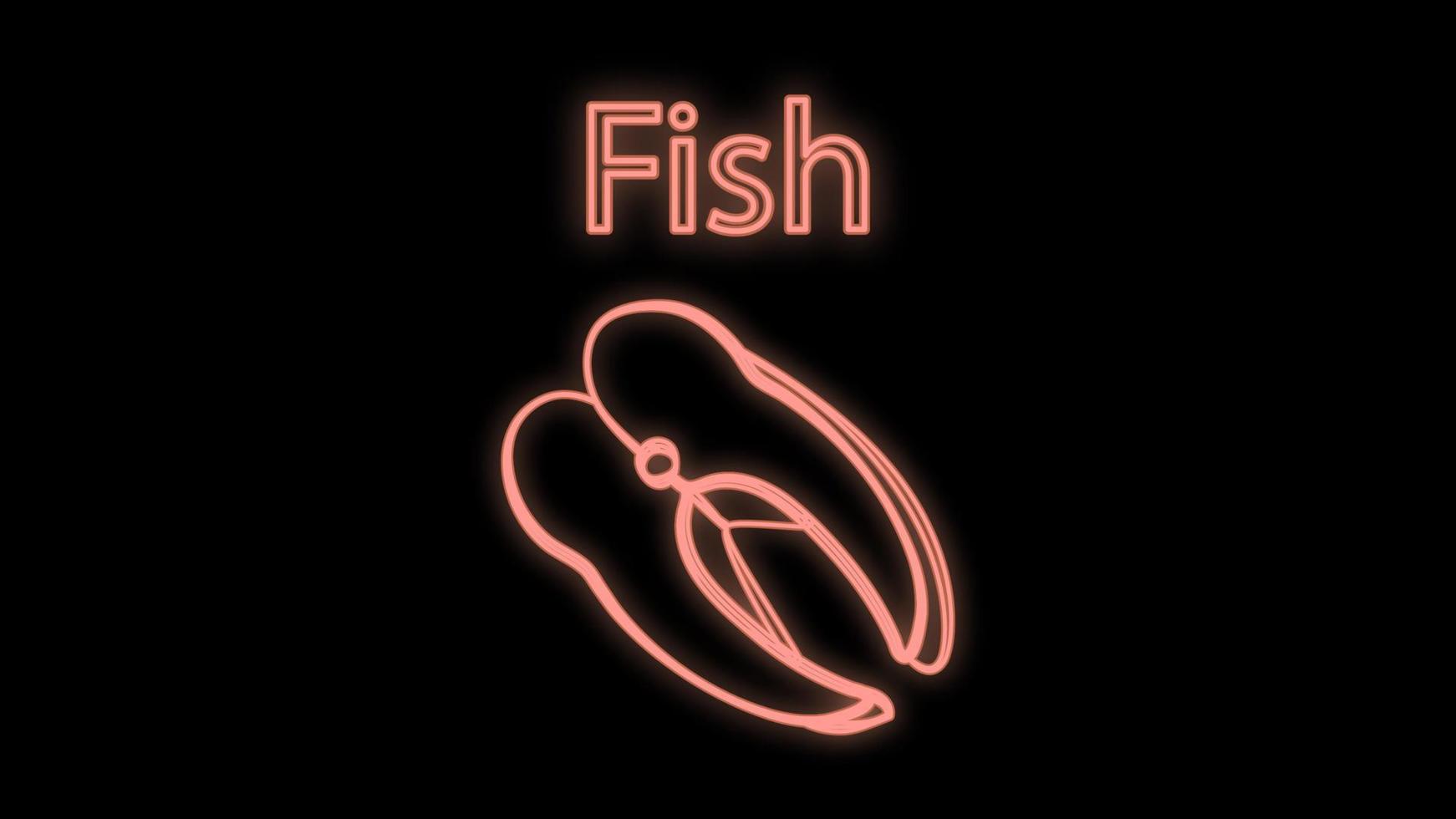 salmon on a black background, vector illustration, neon. a piece of pink smoked salmon. neon sign in pink. illumination, decor for a cafe and restaurant. neon with the inscription fish
