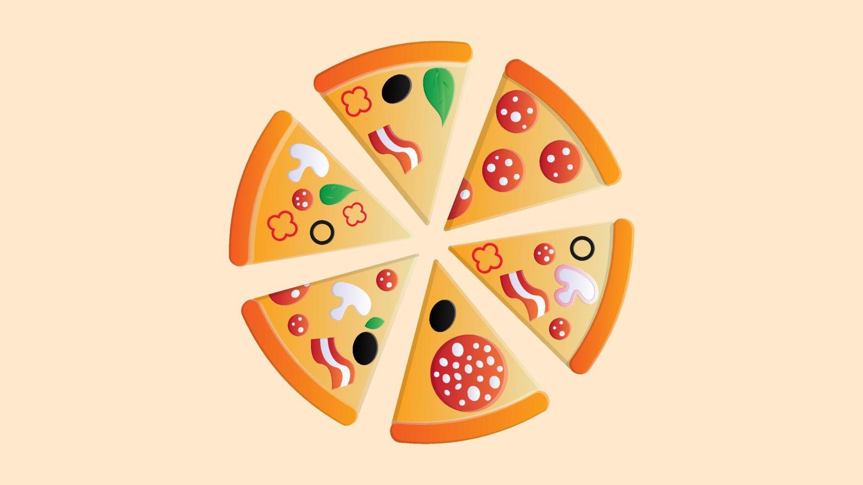 pizza with toppings on a pink background, vector illustration. a lot of pizza slice with different toppings of salami with lard, olives, bacon and herbs. fragrant hearty pizza