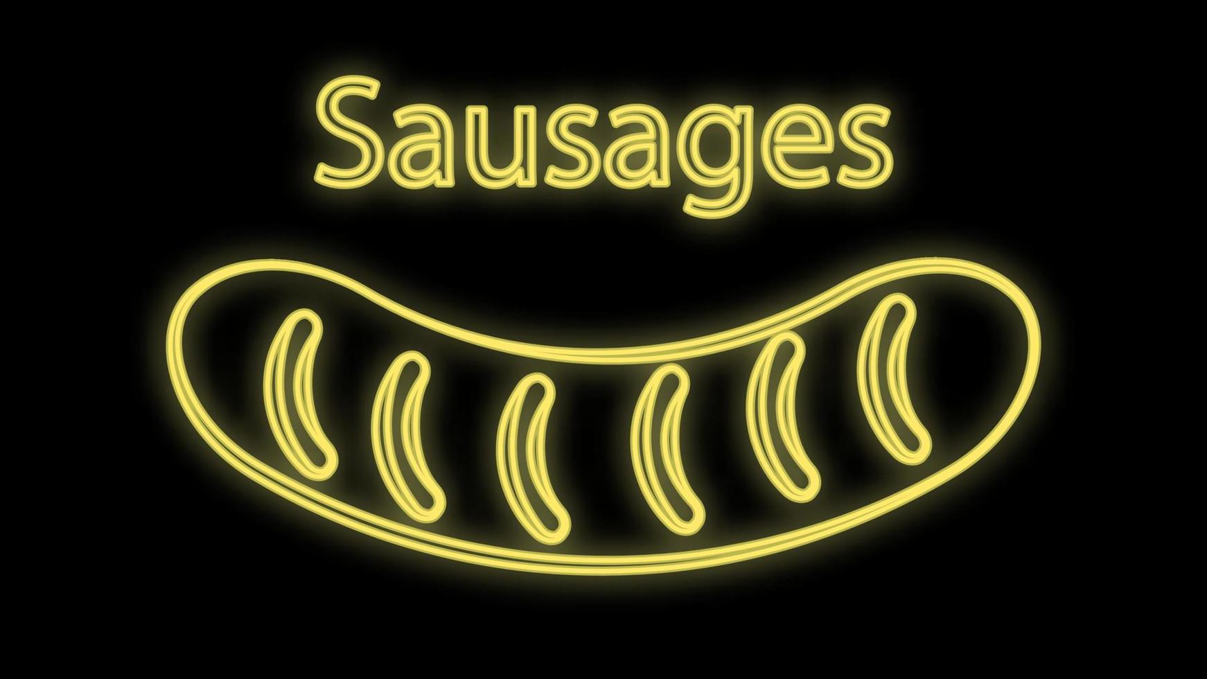 sausage on white background, vector illustration. appetizing grilled sausage. neon yellow sausage. bright neon sign, illumination for cafes and restaurants