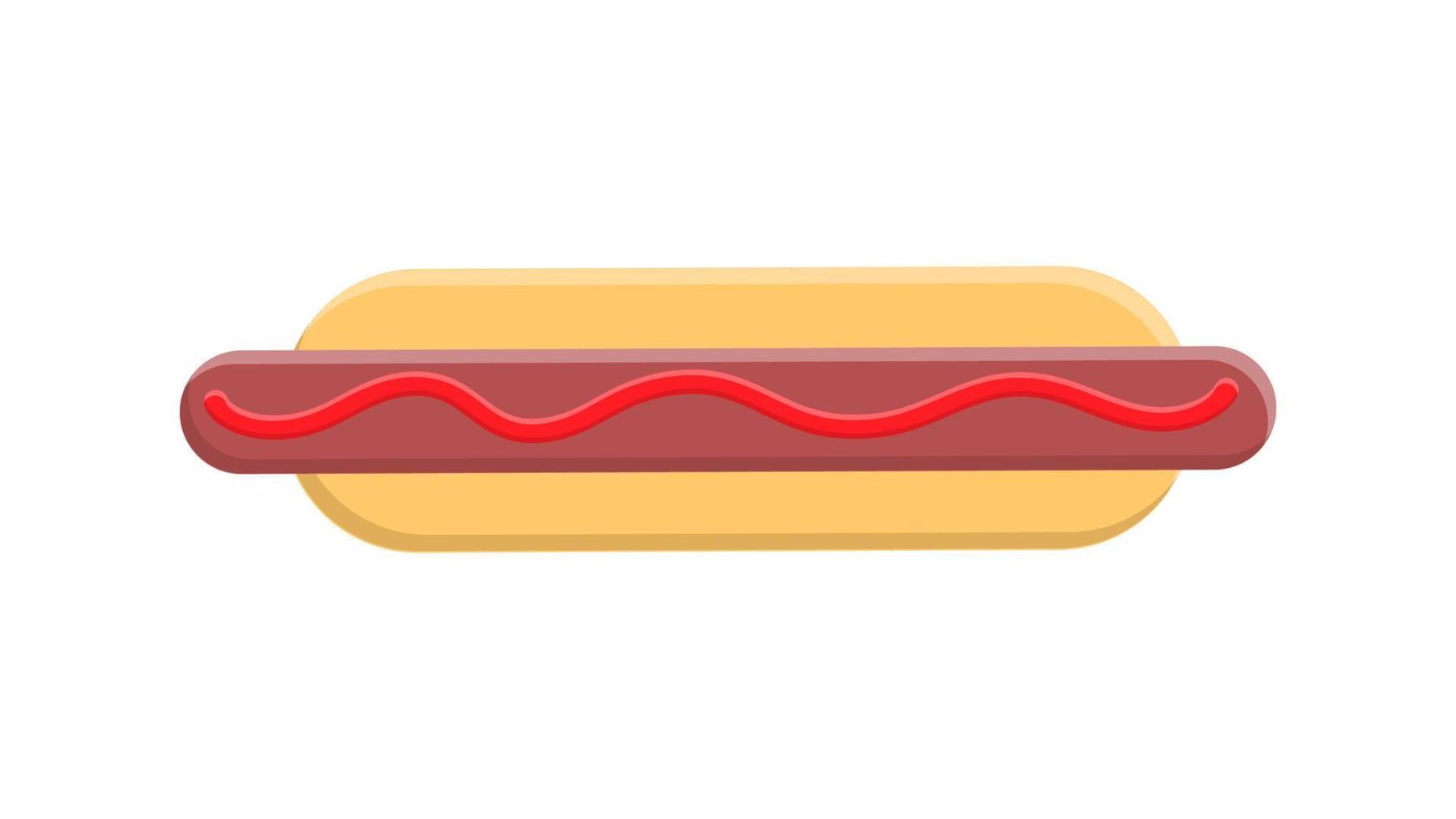 perrito caliente sobre fondo blanco, ilustración vectorial. bollo con salchicha, ketchup, mostaza. abundante relleno, un plato dañino. almuerzo con bocadillos. vida de soltero. daño a la salud vector