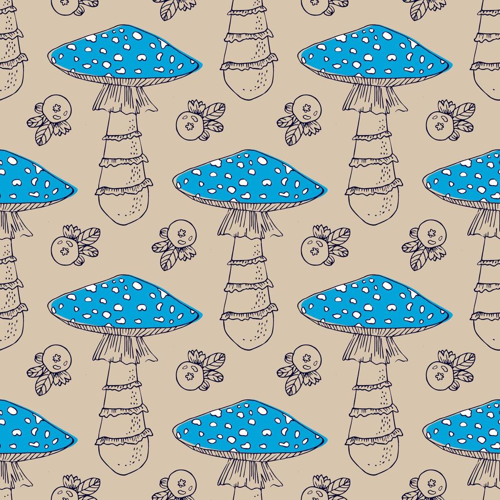 Amanita hand drawn black seamless vector pattern. Fly agaric hand drawn line art seamless vector pattern. Amanita muscaria seamless background for printing, fabric, textile