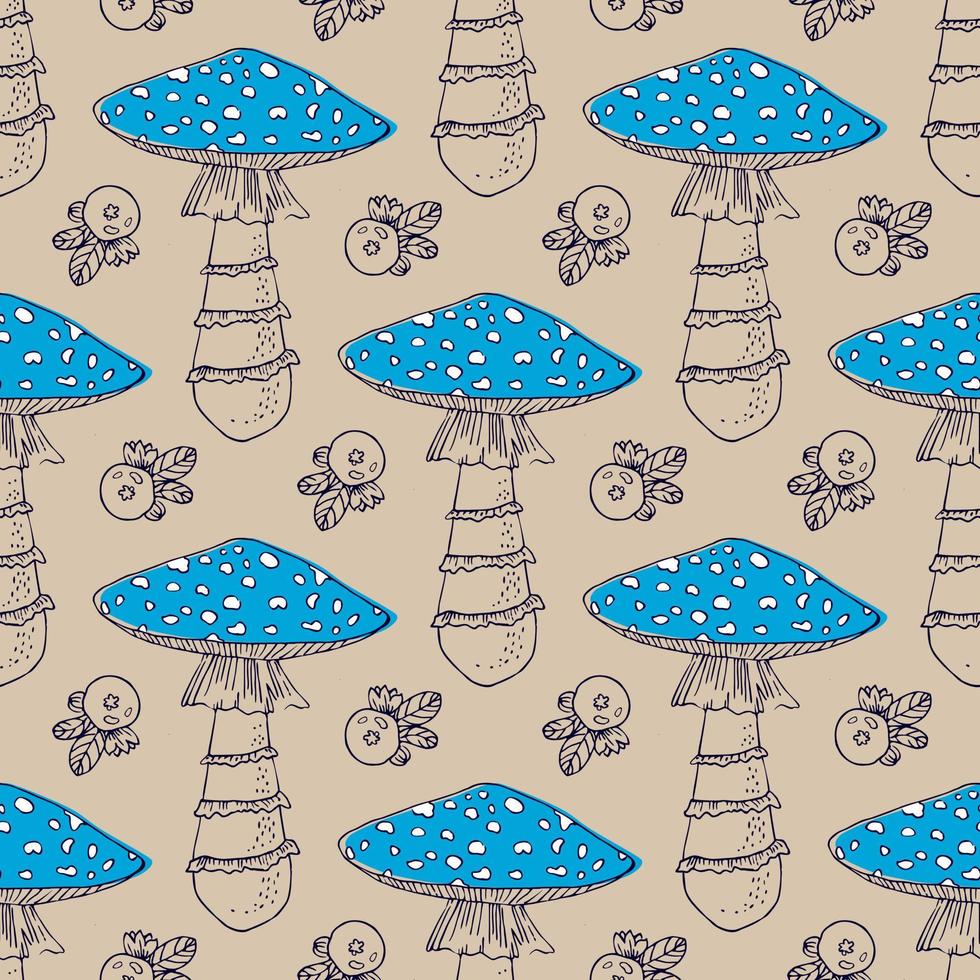 Amanita hand drawn black seamless vector pattern. Fly agaric hand drawn line art seamless vector pattern. Amanita muscaria seamless background for printing, fabric, textile