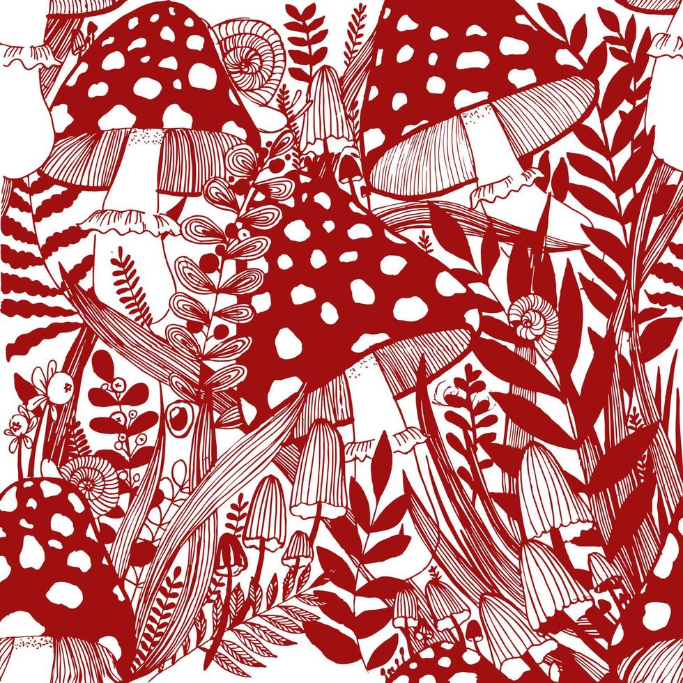 agárico de mosca patrón vectorial sin costuras dibujado a mano. agárico de mosca línea dibujada a mano arte patrón vectorial sin costuras. amanita muscaria fondo transparente para impresión, tela, textil vector