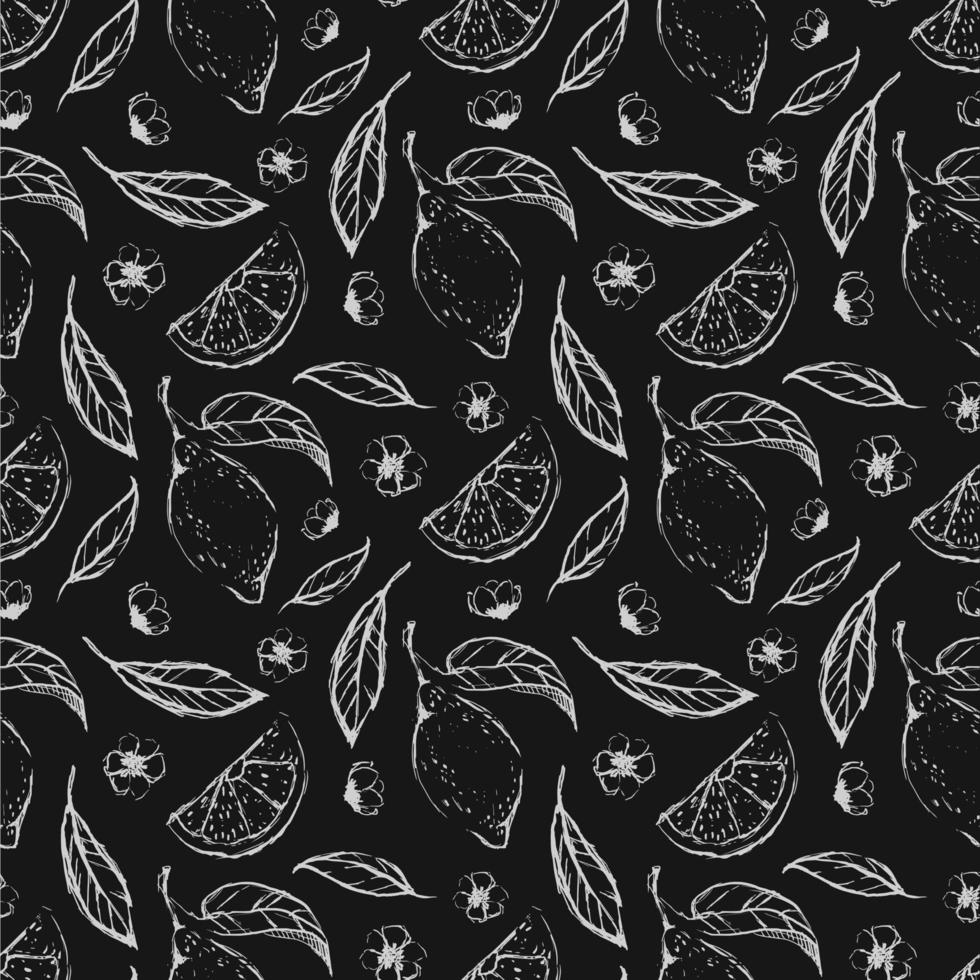 Lemon hand draw seamless pattern background wallpaper. Cute seamless pattern with lemons. Vector seamless pattern with lemon, leaves and flower. Citrus line seamless background.