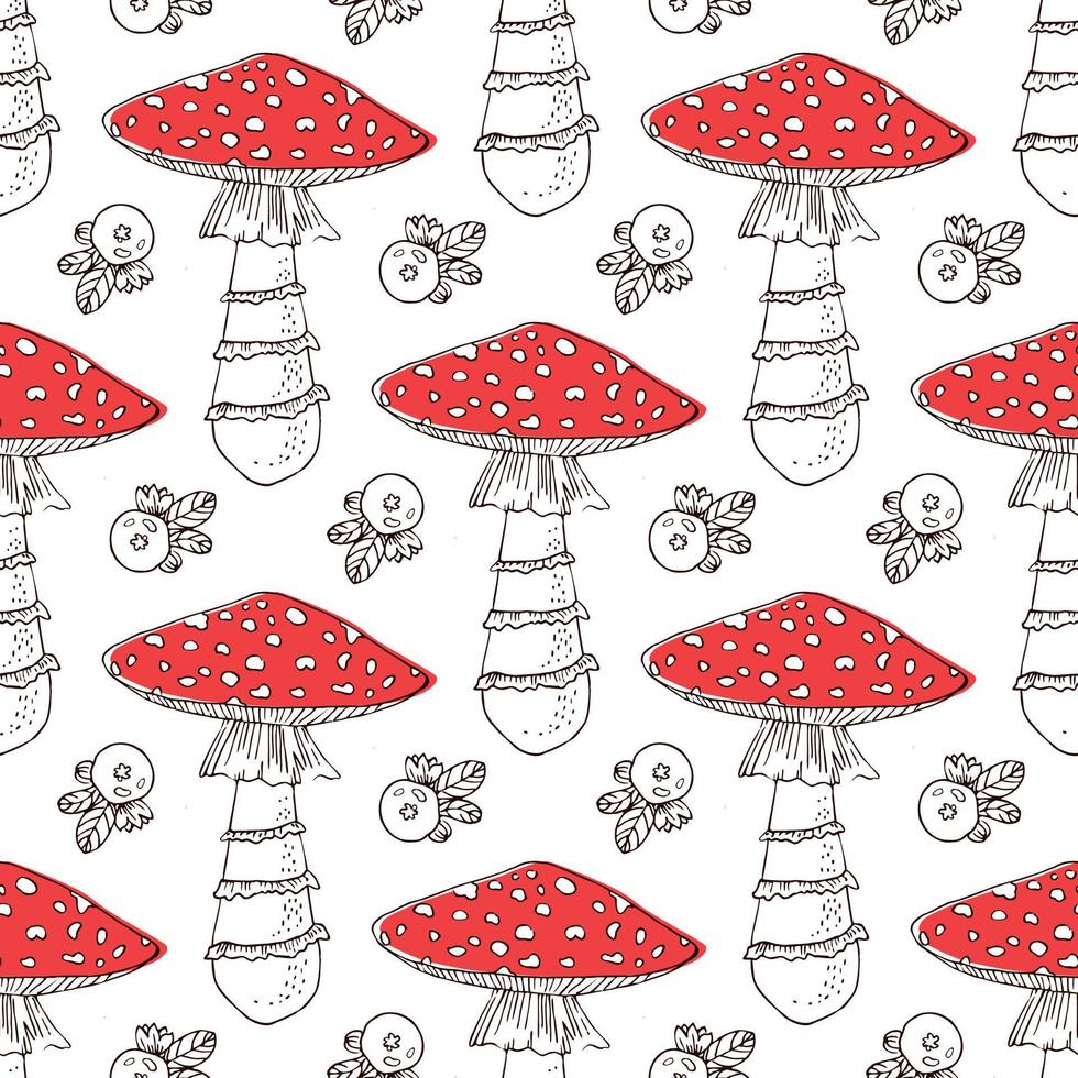 Amanita hand drawn black seamless vector pattern. Fly agaric hand drawn line art seamless vector pattern. Amanita muscaria seamless background for printing, fabric, textile