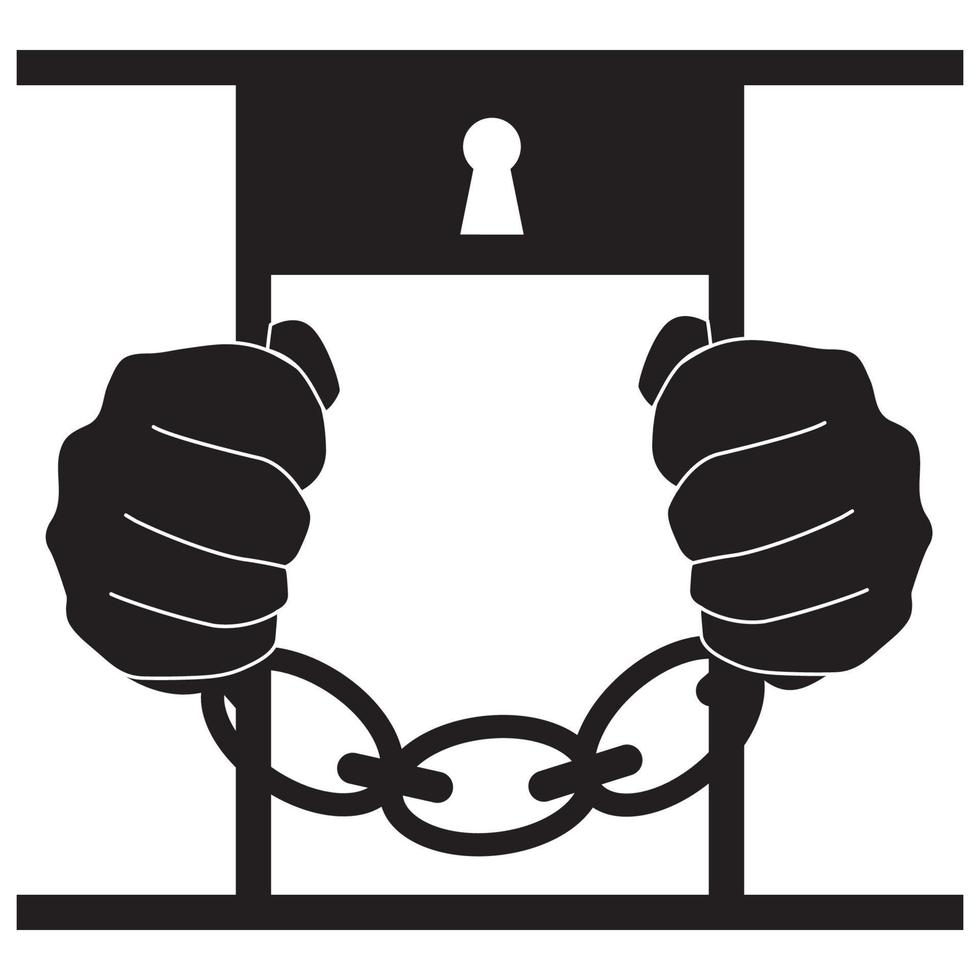 Black icon of a prisoner. Hands of a prisoner in chains holding the bars of a prison cell. Vector illustration.