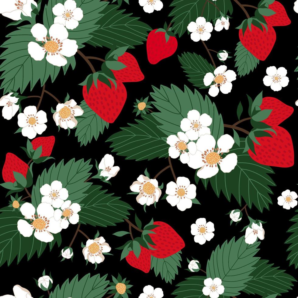 Strawberry flowers field seamless pattern in black background vector