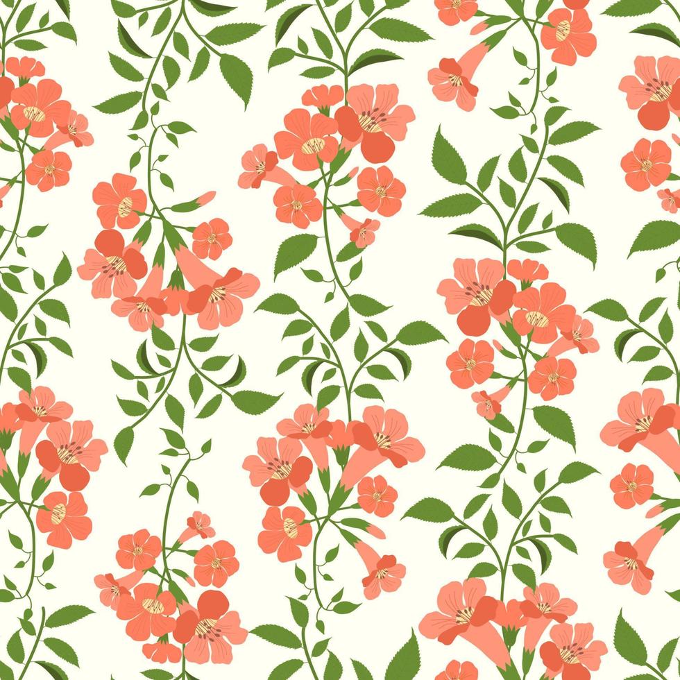 Trumpet vines flowers seamless pattern in light background vector