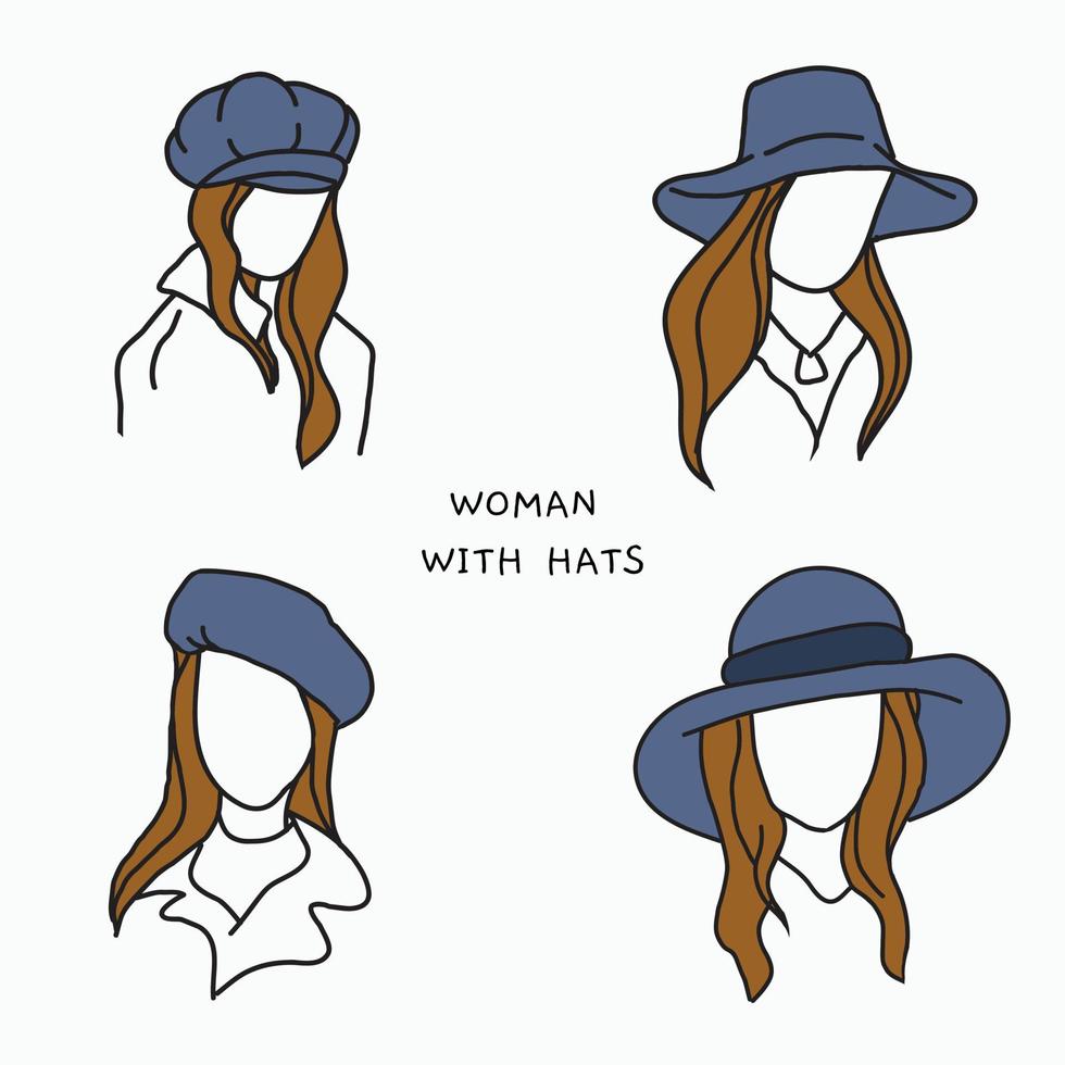 conjunto de ilustración mujer con sombrero con estilo diferente. ilustración vectorial vector