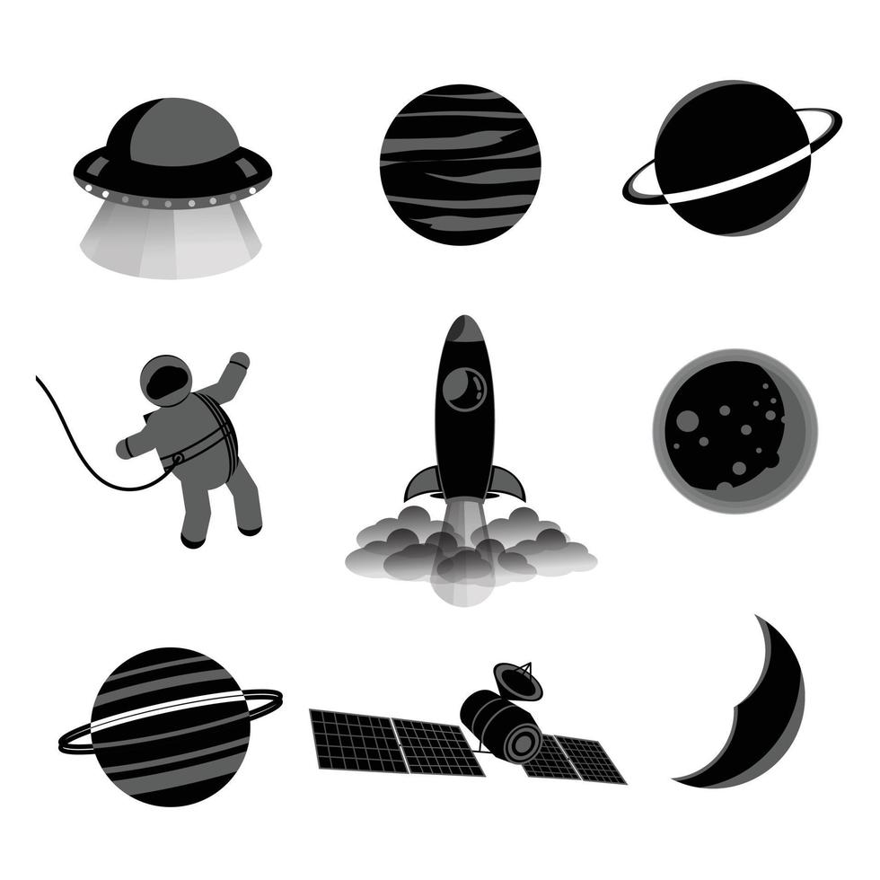 conjunto de silueta de nave espacial. ilustración vectorial en blanco y negro. vector