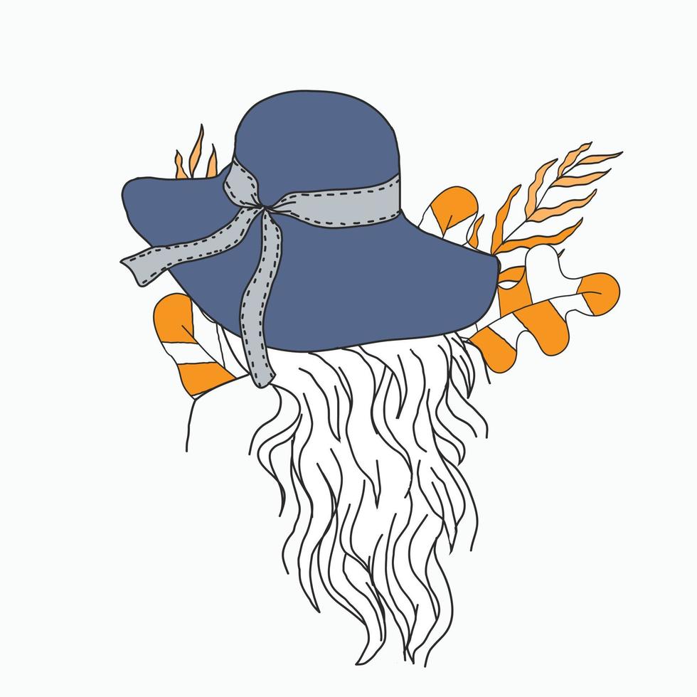 illustration of woman with long wavy hair wearing hat and ribbon back view with abstract foliage ornament. vector