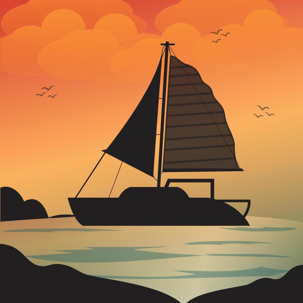 Sailing boat illustration. sunset or sunrise on the sea. boat at the ocean. vector illustration