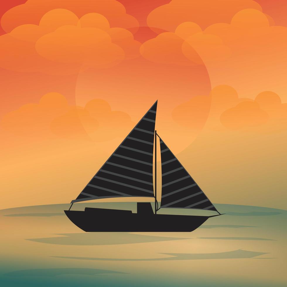 Sailing boat illustration. sunset or sunrise on the sea. boat at the ocean. vector illustration