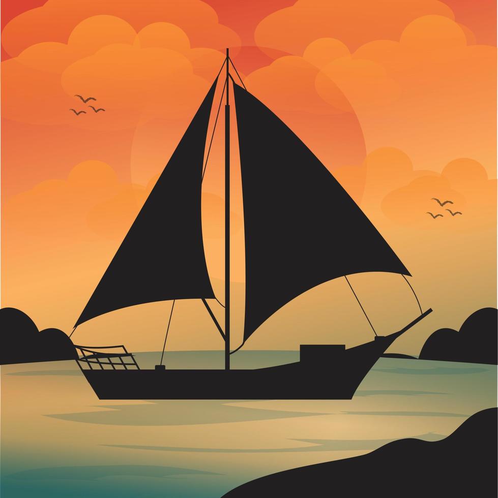 Sailing boat illustration. sunset or sunrise on the sea. boat at the ocean. vector illustration